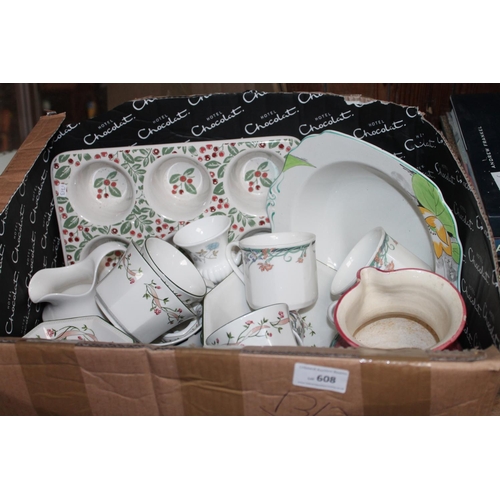 608 - BOX OF MIXED CHINA INCLUDING ROYAL DOULTON ETERNAL BOW ETC