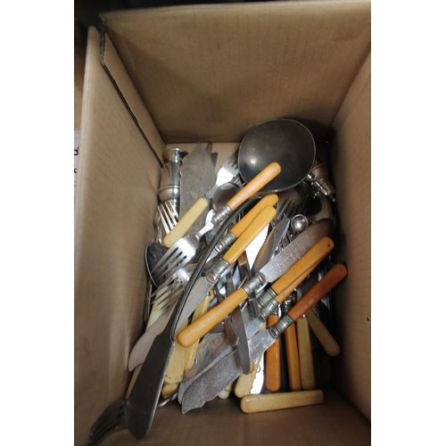 316 - LARGE BOX OF CUTLERY ETC INCLUDING SILVER COLLARED