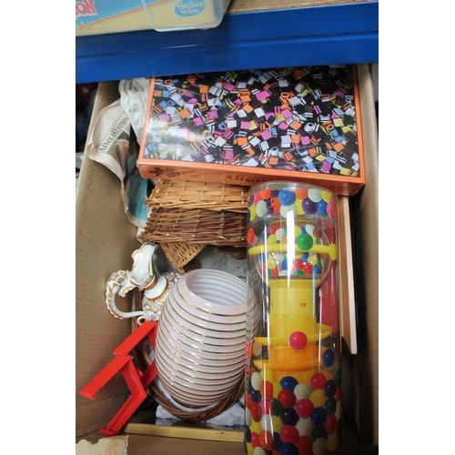 320 - LARGE BOX OF MISC INCLUDING GUMBALL MACHINE, CRYSTAL GLASSWARE AND NEW LIQUORICE ALLSORTS JIGSAW