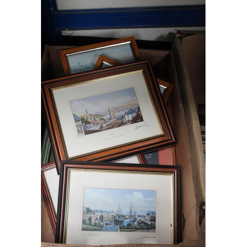 328 - BOX OF FRAMED PRINTS INCLUDING 5 X SIGNED KERRIS LOCAL INTEREST PRINTS