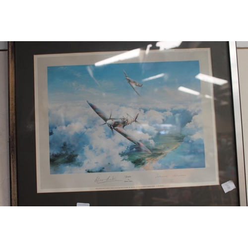 381 - ROBERT TAYLOR SPITFIRE PRINT SIGNED BY SIR DOUGLAS BADER AND JOHNNY JOHNSON, 1ST EDITION PRINT 1979