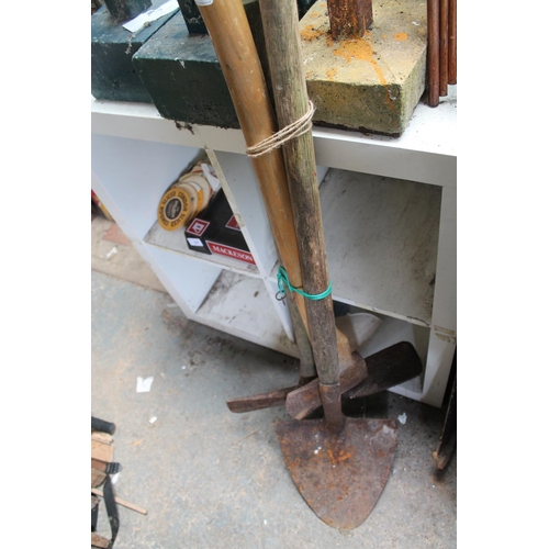 202 - CORNISH SHOVEL, AXE AND LARGE PICK