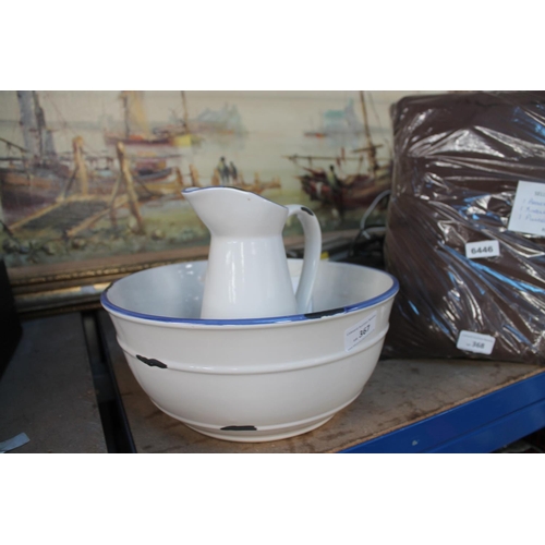 367 - PORCELAIN ENAMEL EFFECT WASH JUG AND BASIN SET