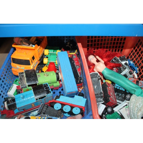 369 - 2 X CRATES OF VINTAGE TOY CARS INCLUDING CORGI, THOMAS THE TANK ENGINE, MATCHBOX ETC