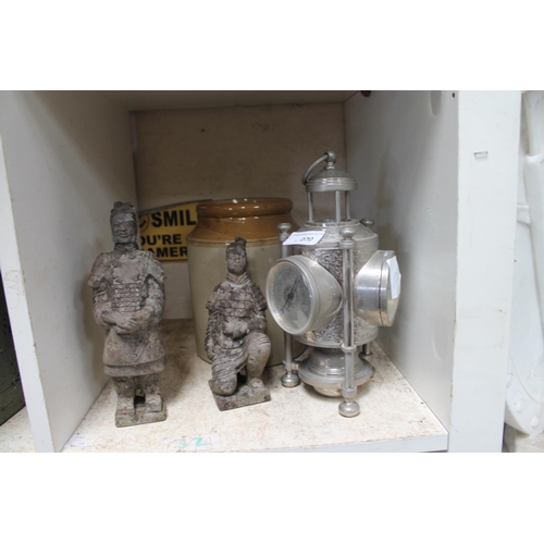 70 - UNUSUAL CLOCK/BAROMETER, 2 X JAPANESE WARRIOR FIGURES AND A SALT-GLAZED POT