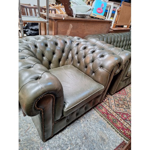 561 - LEATHER GREEN STUDDED CHESTERFIELD, 3 SEATER SOFA WITH MATCHING ARMCHAIR, VERY GOOD CONDITION, NO RI... 