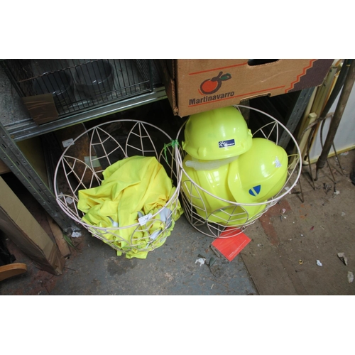 63 - 6 YELLOW SAFETY HELMETS AND QTY OF WORK VESTS