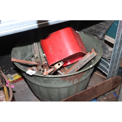 92 - LARGE PLANT POT INCLUDING ROOF LADDER CLAMPS AND RED METAL FUEL CAN