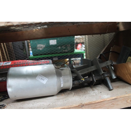 177 - SMALL GALVANISED MILK CHURN AND QUANTITY OF CAST GATE BRACKETS