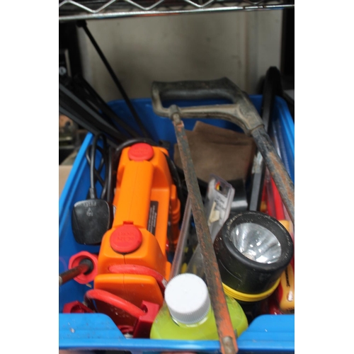 38 - BLUE TOOLBOX INCLUDING A BATTERY JUMP-START KIT, SOLDERING IRON, SCREWDRIVERS, CROWBAR ETC