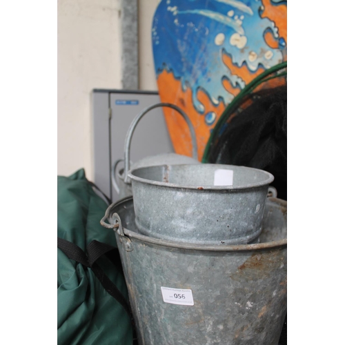 56 - GALVANISED BUCKET AND FLOWER BIN PLUS A WATERING CAN WITH ROSE