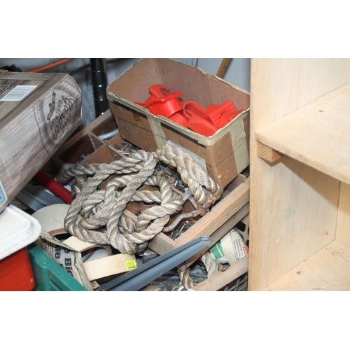 58 - BOX OF MIXED TOOLS, BRACKETS, TAPE, ROPE ETC