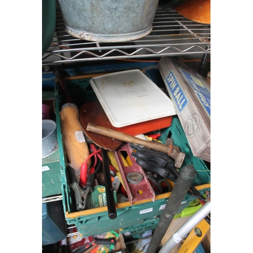 60 - LARGE CRATE OF MIXED TOOLS INCLUDING LARGE CLAMPS, HARDWARE, JUMPLEADS AND MIXED HAMMERS ETC