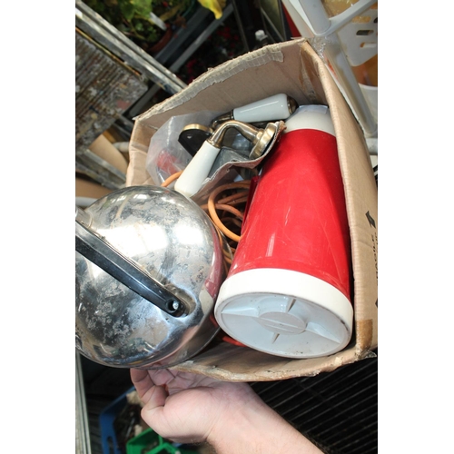 23 - CARDBOARD BOX CONTAINING CAMPING KETTLE, THERMOS, EXTENSION LEAD ETC