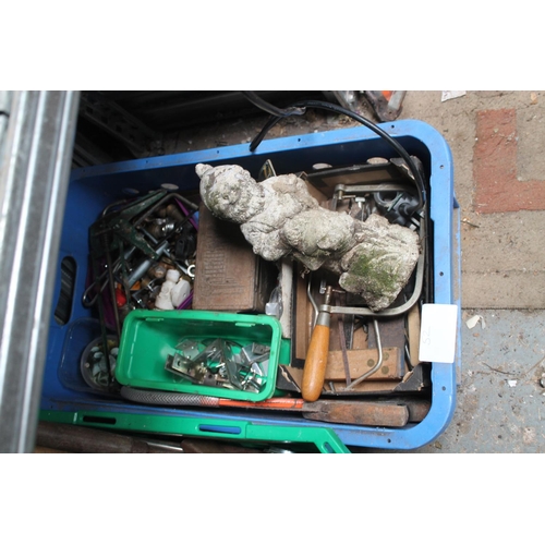 52 - BLUE BOX OF TOOLS INCLUDING DRILL BITS, SET SQUARE AND A CONCRETE GARDEN GNOME ETC