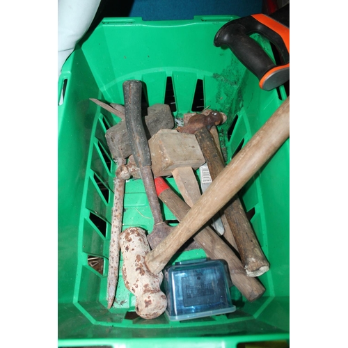 39 - GREEN BASKET OF MISC TOOLS INCLUDING MIXED HAMMERS