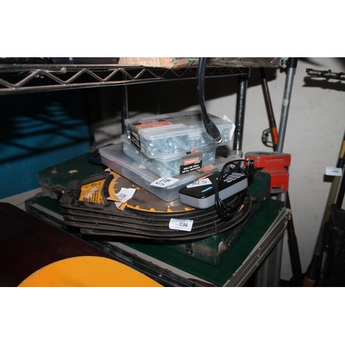 36 - QTY OF HARDWARE INCLUDING METAL WALL ANCHORS, DEWALT CIRCULAR BLADES ETC
