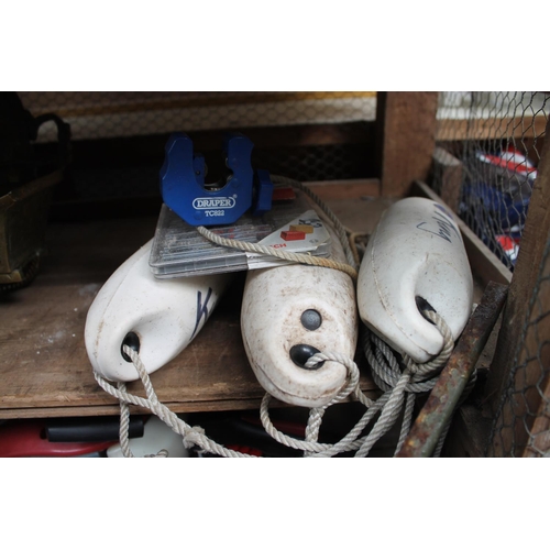 112 - TRIO OF SMALL BUOYS
PLUS TUB OF JIGSAW BLADES AND PIPE SLICE