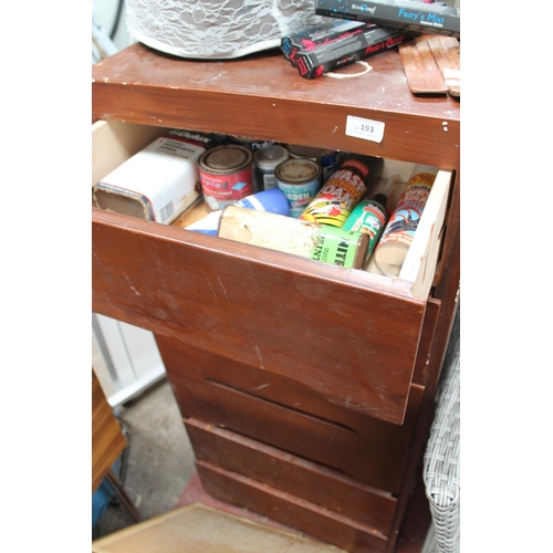 193 - WOODEN 6 DRAWER GARAGE STORAGE UNIT WITH CONTENTS OF MIXED PAINTS AND SOLUTIONS ETC