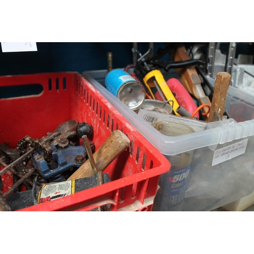 25 - CRATE OF ASSORTED TOOLS INCLUDING A MALLET AND HACKSAW ETC