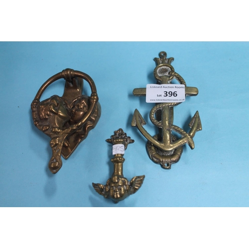 396 - 3 X BRASS DOOR KNOCKERS (1 X NAVY THEMED, 1 X LOVERS AND 1 X CUPID)