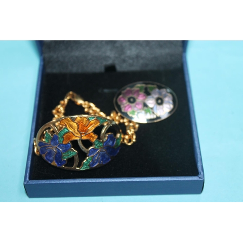 412 - 2 X VINTAGE ENAMELLED SIGNED FISH & CROWN BRACELET AND BROOCH