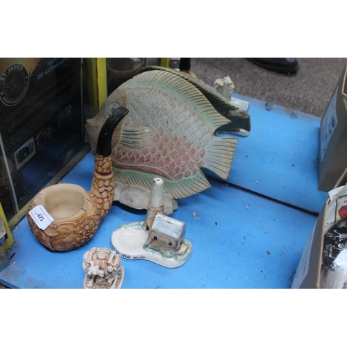 475 - SELECTION OF CERAMICS INCLUDING LARGE FISH, PIPE ASHTRAY, CORNISH TIN MINE AND A CAMEL