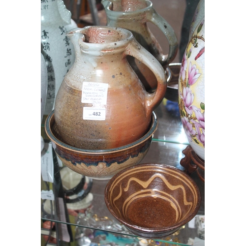 482 - NICK MORETON HAMPSTEAD SALT GLAZED JUG AND 2 x SLIP GLAZE BOWLS