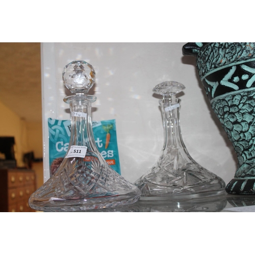 511 - PAIR OF CRYSTAL GLASS SHIP DECANTERS WITH STOPPERS