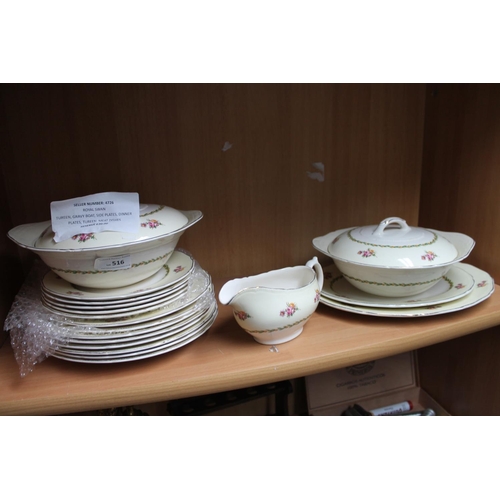 516 - ROYAL SWAN TERRINE, GRAVY BOAT, SIDE PLATES, DINNER PLATES AND MEAT DISH SET