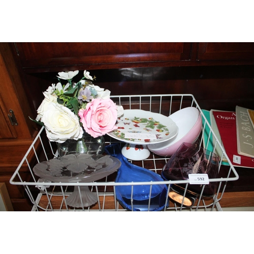 592 - BASKET OF GOOD CONDITION CHINA INCLUDING 2 X CAKE PLATES AND A HEAVY PINK IRIDESCENT BOWL ETC