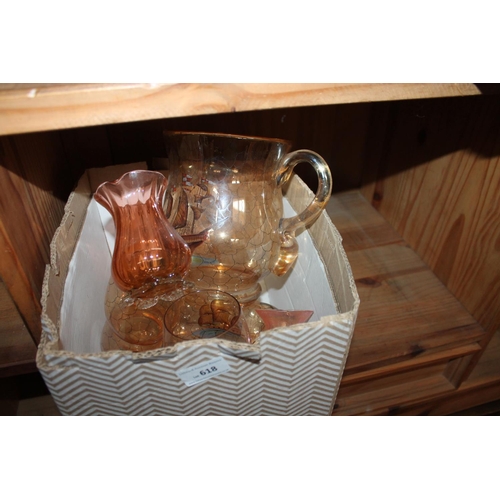 618 - VINTAGE GLASS WATER JUG AND GLASSES PLUS IRIDESCENT SMALL VASE