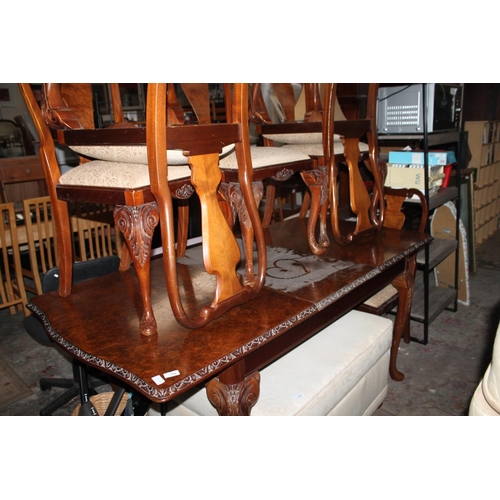 740 - HEAVY DARKWOOD INLAID MARBLE TOPPED DINING TABLE WITH 6 CHAIRS