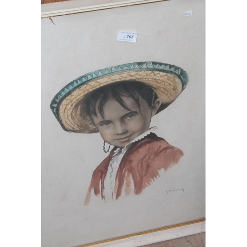 767 - FRAMED MEXICAN CHILD IN SOMBRERO PRINT