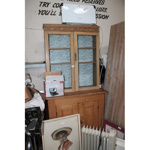 768 - VICTORIAN/EDWARDIAN PINE BASE CUPBOARD AND GLASS DOOR TOP DRESSER (MARRIAGE OF TWO PIECES)