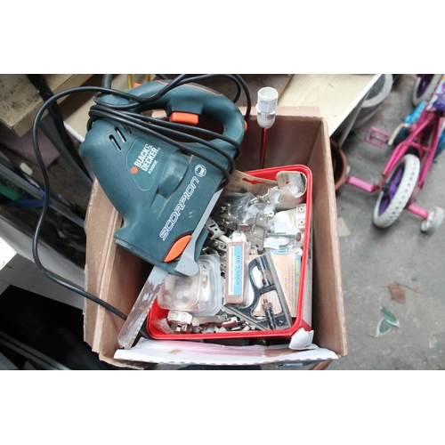 12 - BOX INC BLACK AND DECKER 400W SCORPION SAW AND OTHER MIXED TOOLS