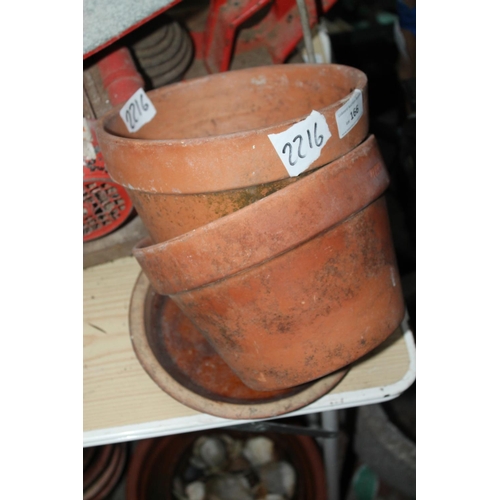 166 - 2 SMALL TERRACOTTA PLANT POT AND 1 SAUCER