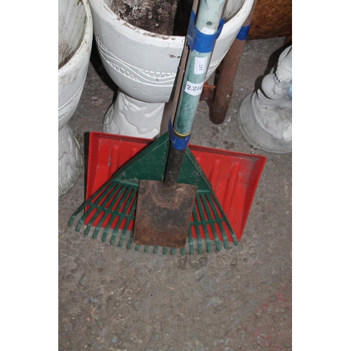 177 - SMALL GARDEN SPADE, PLASTIC SHOVEL AND RAKE