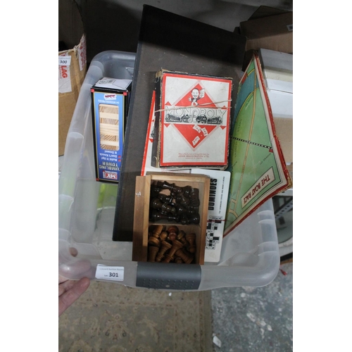 301 - BOX OF OLD GAMES INC CHESS AND MONOPOLY