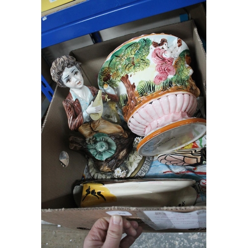 308 - BOX CONTAINING CAPODIMONTE JARDINERE AND LARGE FIGURE A/F WITH CONTINENTAL CICADA WALL POCKETS