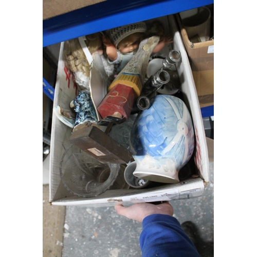 309 - BOX OF MIXED VINTAGE CHINA INC FIGURINES AND DOLLS