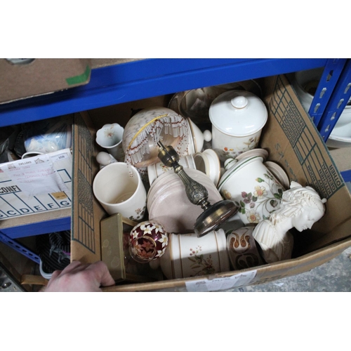 310 - LARGE BOX OF VINTAGE CERAMICS AND GLASS AND CARRIAGE CLOCK