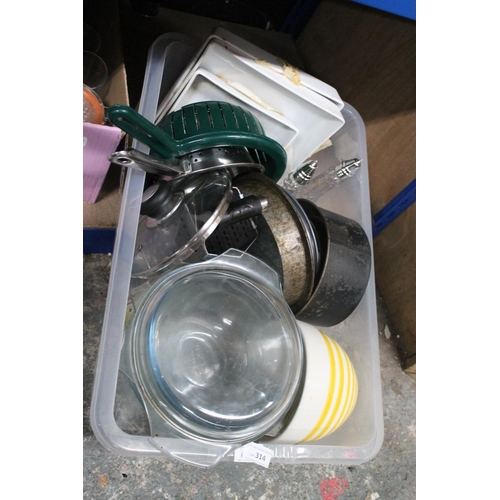 314 - LARGE BOX OF GLASS PYREX COOKING DISHES ETC