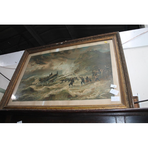 343 - GUILT FRAMED LIFEBOAT SCENE PICTURE 3 1/2 FT BY 2 1/2FT