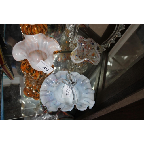 442 - 3 COLOURED GLASS DECORATIVE BASKETS