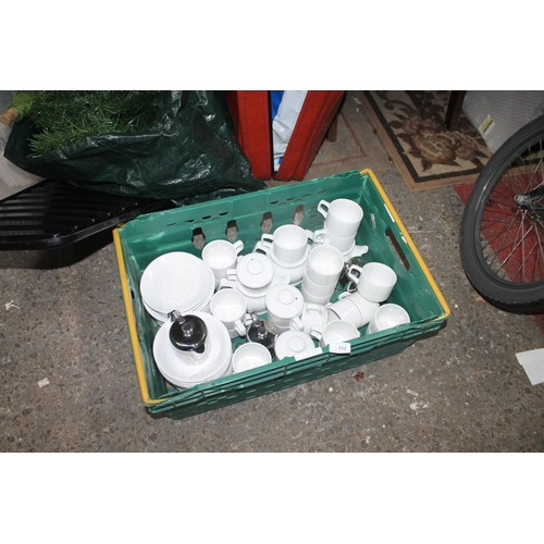 652 - CRATE OF SELECTED MIXED CUPS, SAUCERS, TEAPOTS ETC