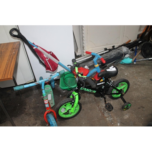 527 - A CHILDS PUSH BIKE, TRIKE AND SCOOTER