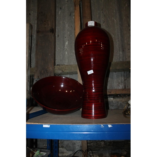 157 - WOODEN RED GLAZED PLANTER AND BOWL APPROX 26 INCH