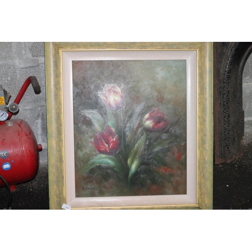 18 - GOLDEN ORNATE FRAMED OIL ON CANVAS OF A TULIP SIGNED R.HARRISON