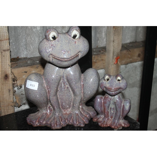 33 - TWO LARGE GLAZED TERRACOTTA FROGS APROX 5 AND 10 INCH